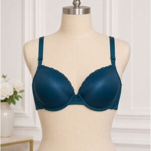 Auden Romantic Lingerie Glam Lace Womens 34A Teal Radiant Plunge Push Up Bra NWT
